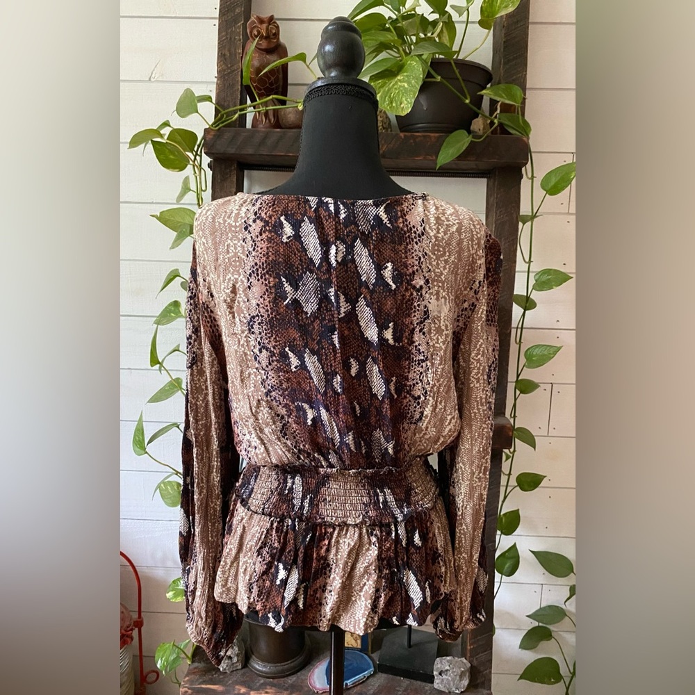 Angie: Brown, Black, Tan and White 100% Rayon Boho Snakeskin Blouse - Picture 11 of 17